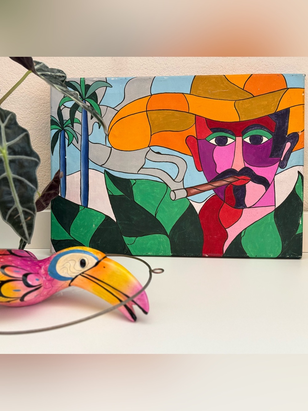 Colorful Tropical Portrait Canvas Painting of a Man with Hat and Cigar